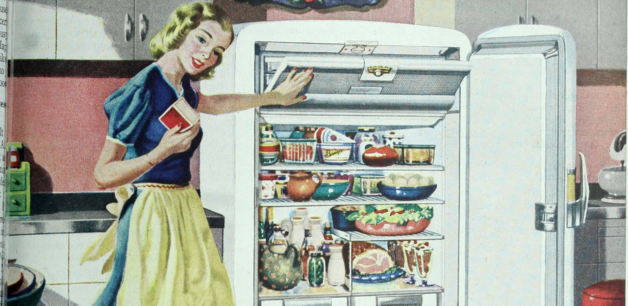 Art depicting a blonde woman opening a fridge.